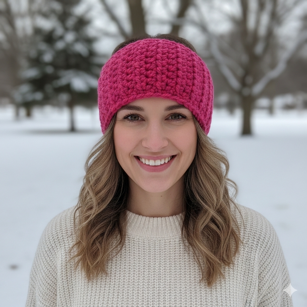 Handmade Crochet Fuchsia Pink Ear Warmers Headband 80% Acrylic 20% Wool Cozy